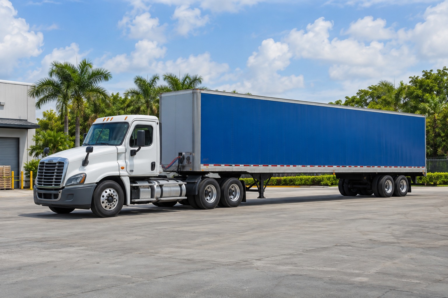 Illustrative white truck with blue trailer in a palm-lined Miami-style freight yard