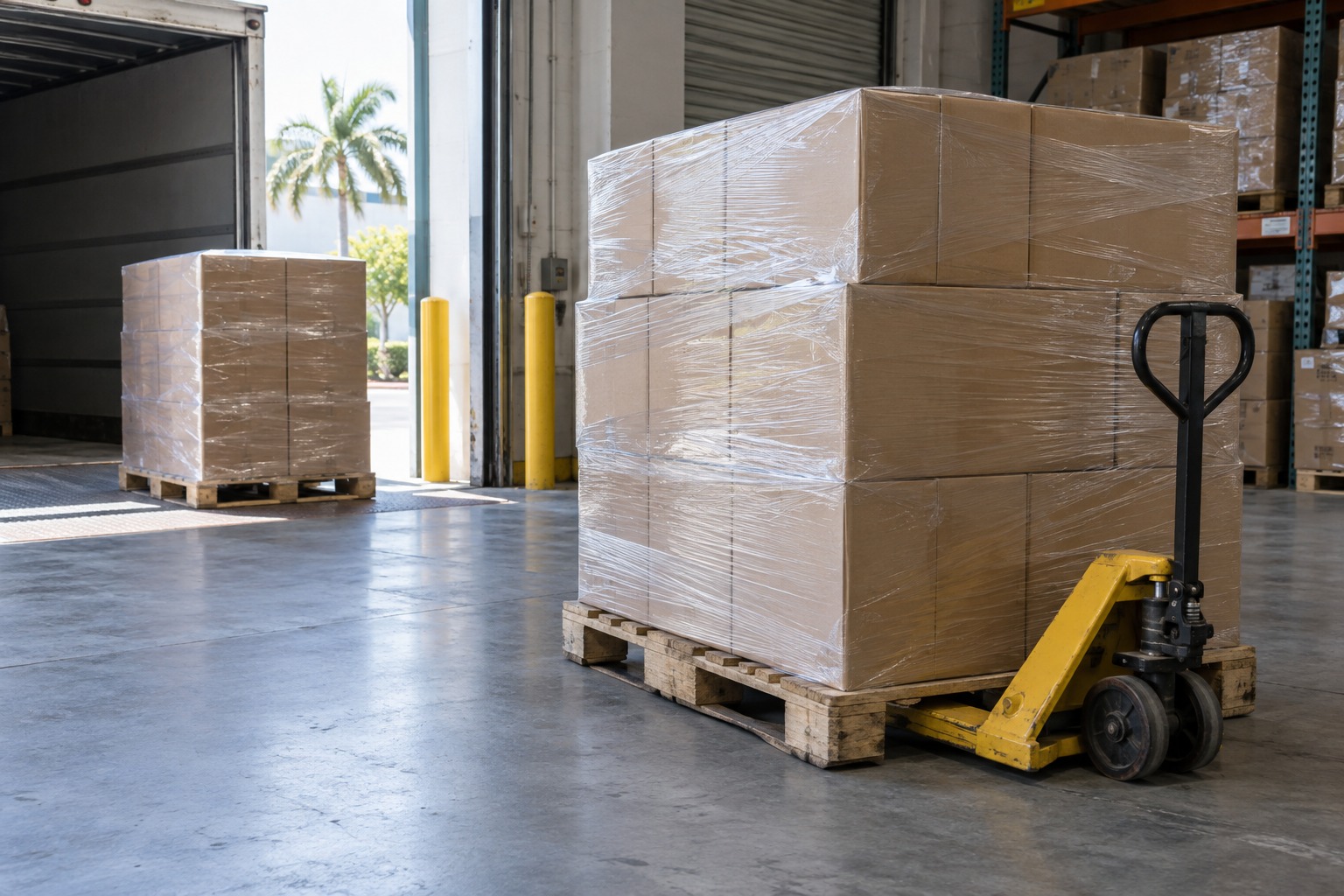 Illustrative warehouse loading bay with wrapped pallets and a manual pallet jack
