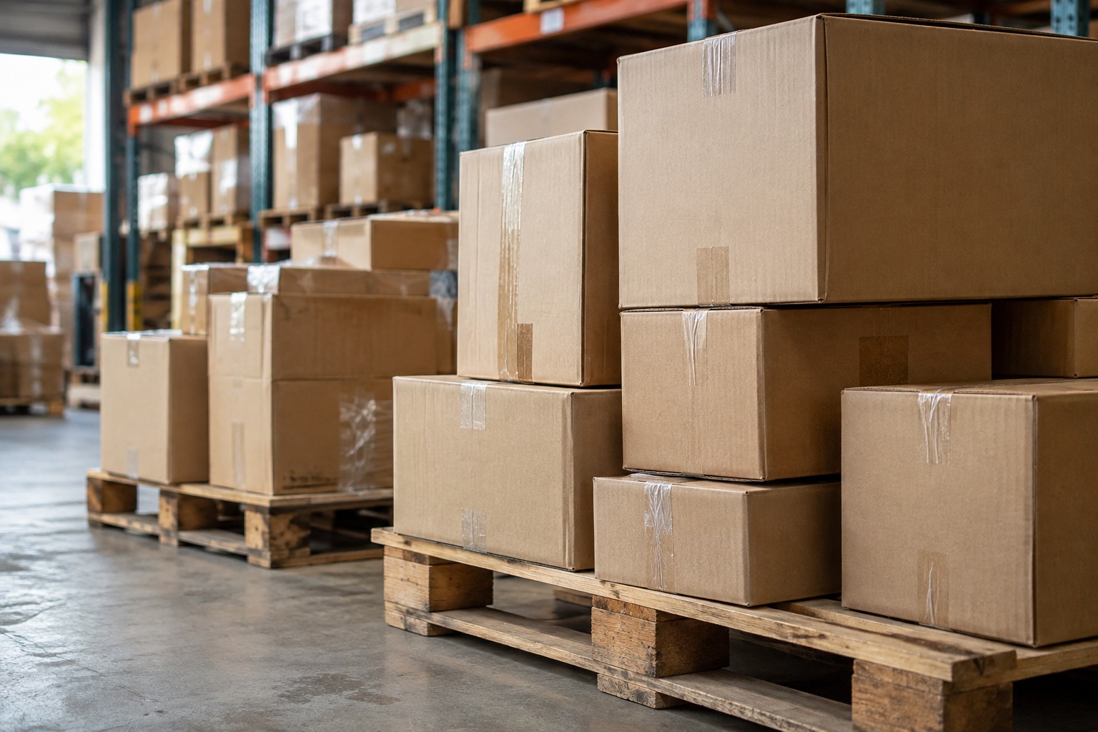 Illustrative close view of plain cartons on wood pallets in a warehouse
