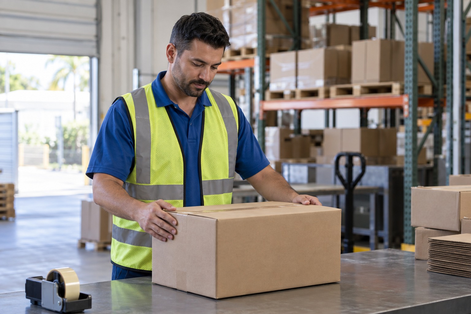 Illustrative warehouse worker in a safety vest checking a carton at a packing table